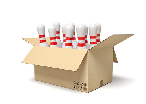3d rendering of white bowling pins in carton box.