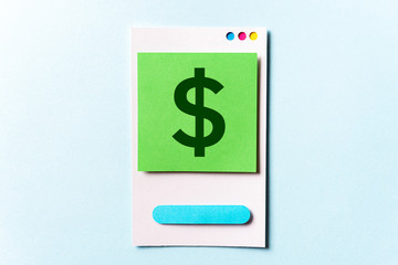 Online shopping banner concept with green dollar symbol illustrated on paper card and blue background with space for text
