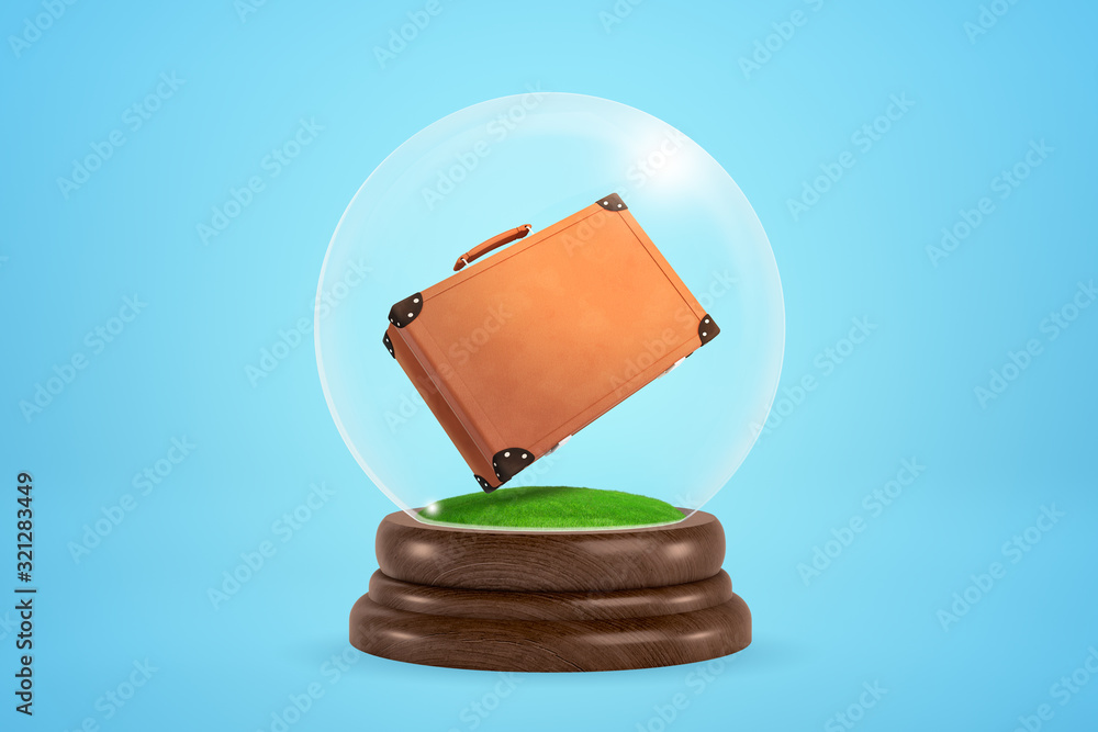 Poster 3d rendering of brown suitcase floating inside snow globe on light blue gradient background.