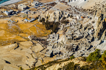 Top view of the abandoned Bhraka (Braga) village. Marshyangdi river valley, Annapurna circuit trek, Nepal.