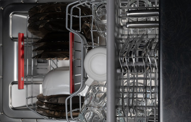 Filling dirty dishes in the dishwasher woman, hand, water, house, fruit, technology, kitchen