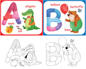 English alphabet in pictures. Capital letters and cute cartoon characters. Illustration for children. Coloring page