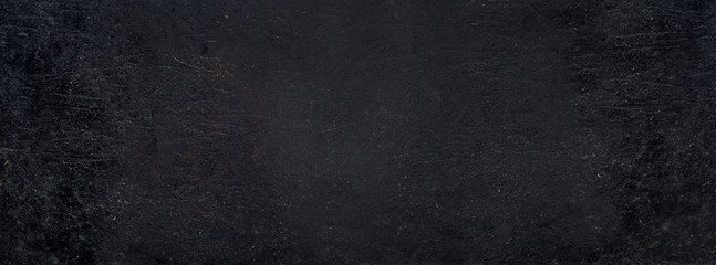 Rustic black grunge background banner. Aged dirty metal surface texture.