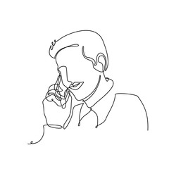 Young man is talking on a mobile phone drawing one solid continuous line vector illustration.