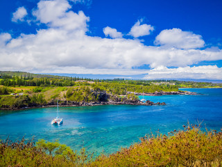 Obraz premium Landscape of Honolua Bay in Maui Hawaii. Honolua Bay located north of Kapalua, West Maui Hawaii, United States. Snorkeling paradise coral reefs in marine preserve.