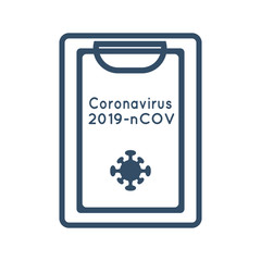Coronavirus icon. Novel coronavirus 2019-nCov. Clipboard and sheet of paper with inscription and virus icon. Outline style vector illustration. Medical. Isolated on white. Trendy blue color