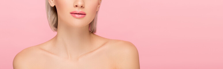 cropped view of naked girl with perfect skin, isolated on pink, panoramic shot