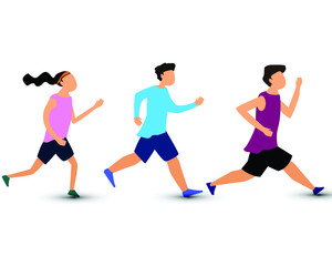 Fototapeta na wymiar Running three people flat vector illustration. Men, women running marathon,training on white background.