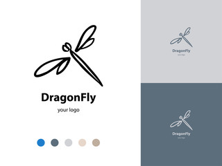 Vector trendy gray icon and logo of handdrawn dragonfly for cosmetics, fashion, kids. Template for business brand. Editable color combination. Ready color scheme