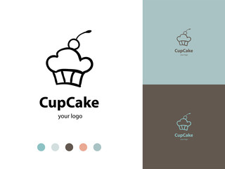 Vector trendy hand drawn icon and logo of capcake with cherry berry top. Template for business brand. Editable color combination. Backery, candy shop concept