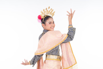 A beautiful Malaysian traditional female dancer wearing traditional dance outfit. Half length portrait isolated in white. Landscape orientation.