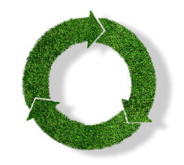 lush green grass recycling symbol, sustainability concept isolated on white background