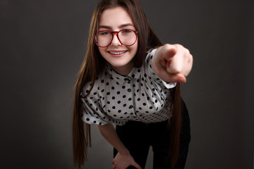 Crazy girl with glasses,touching you. portrait studio isolated