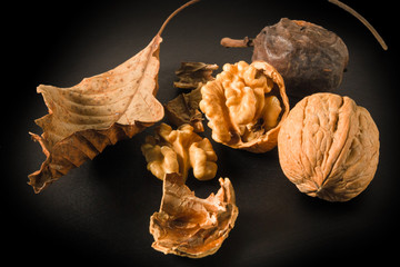 Still life with nuts and leaves on a black background.