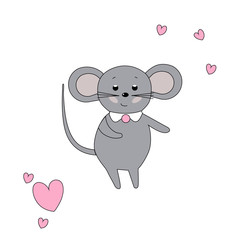 Cute dancing mouse and hearts isolated on white background. Vector illustration. Funny, childish, simple