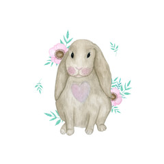 watercolor bunny. Tender illustration. Bunny with flowers