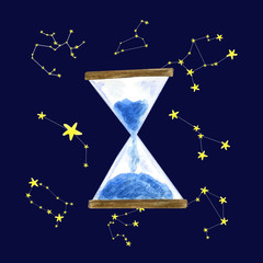 watercolor illustration of time. Hourglass. Space design