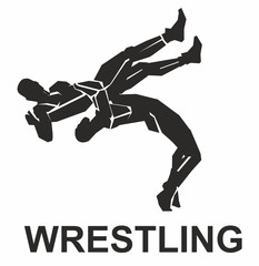 Athletes silhouettes fighting. Inscription Wrestling. Vector graphics
