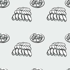 Khanom bueang seamless pattern greyscale drawing