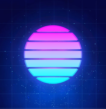Retro futuristic sunset background. Abstract neon sun in cyberpunk style on night sky with stars and clouds, vaporwave, synthwave music illustration.