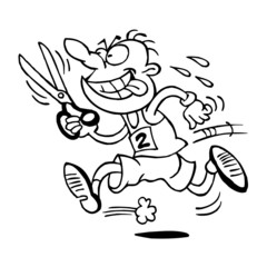 Runner running race with scissors in his hand to cut the finish tape, smart trickster, sports joke, sport is fun, black and white cartoon