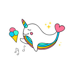 Unicorn whale with heart flipper vector icon isolated on white. Sillouette ice cream cone and music notes sticker, patch badge. Cute magic cartoon fantasy animal. Dream symbol. Design for children © AlyceStrogaya