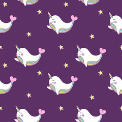Vector cute seamless pattern for kids with stars, rainbow narval whale with heart.  Background for textile, book covers, manufacturing, wallpapers, print, gift wrap and scrapbooking. 