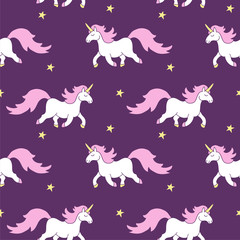 Vector cute seamless pattern with stars, magic rainbow unicorn horse with pink mane, gold hooves on purple grain starry background for kids textile