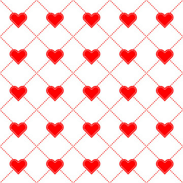 Seamless vector pattern. Background texture in geometric ornamental style. Red hearts.