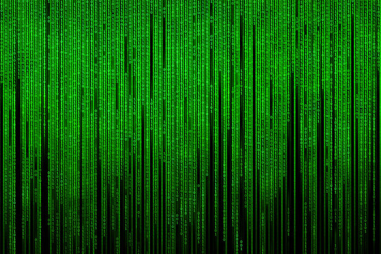 The matrix is ​​binary. Simulation of binary computer code. Virtual reality. Binary code, green, isolated on black. Illustration.