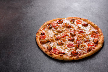 Tasty sliced pizza with seafood and tomato on a concrete background