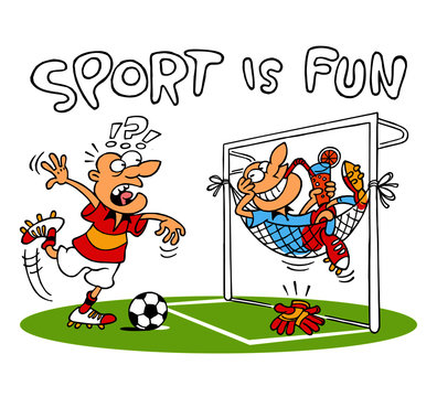 Soccer player kicking ball, shooting penalty kick, is surprised, soccer goalkeeper from soccer goal net made hammock and relaxes with mixed drink and is happy, sport joke, sport is fun, color cartoon