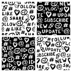 Set of 4 hand drawn seamless patterns with social media symbols: hashtag, at sign, arrow, plus one comment, play button, etc. Abstract ink grunge style vector wallpapers.	