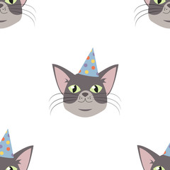 Obraz premium Vector Cat head for cat's birthday celebration greeting card or invitation banners seamless pattern.
