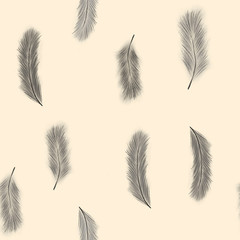 Seamless pattern with grey feathers on pink background. Animal feathers. Print, packaging, wallpaper, textile, fabric design