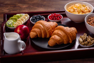 Delicious breakfast with fresh croissants and ripe berries
