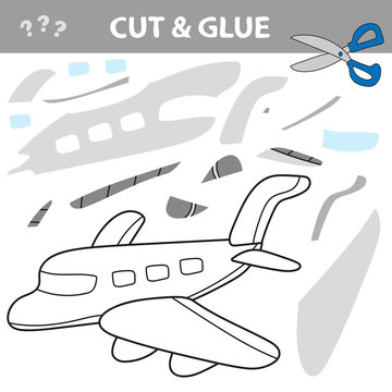 Cut and glue to create image of airplane - air transport. Educational game for children.