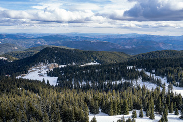 Aerial view of Pamporovo during a beautiful white winter in Bulgaria