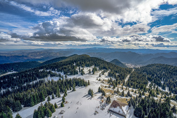 Aerial view of Pamporovo during a beautiful white winter in Bulgaria