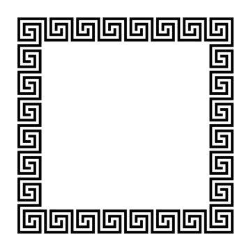 Disconnected meander, square frame, made of seamless meander pattern. Meandros. Decorative border with interrupted lines, shaped into repeated motif. Greek fret or key. Illustration over white. Vector