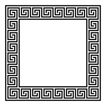Square framed disconnected meander pattern made of seamless meanders. Meandros. Decorative border with interrupted lines, shaped into repeated motif. Greek fret or key. Illustration over white. Vector