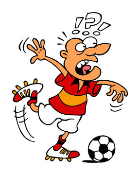 Soccer player kicking ball, shooting penalty kick, is surprised, sport joke, sport is fun, color cartoon
