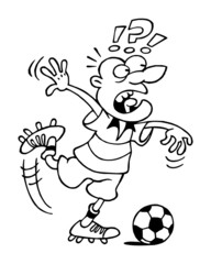 Soccer player kicking ball, shooting penalty kick, is surprised, sport joke, sport is fun, black and white cartoon