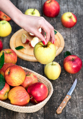 Female hands hold yellow apples in a basket
