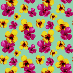 Beautiful watercolor seamless pattern with colorful flowers  orchid  on green background. Tropical flower design  best for wallpaper, wrapping, backdrop, textile, banner