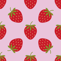 Seamless background with red strawberries. Cute vector strawberry pattern. Summer fruit illustration on pink background.