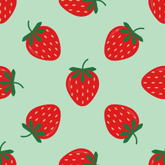 Seamless background with red strawberries. Cute vector strawberry pattern. Summer fruit illustration on blue background.