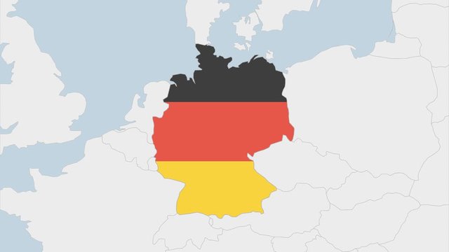 Germany map highlighted in Germany flag colors and pin of country capital Berlin, map with neighboring European countries.