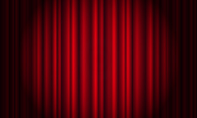 Red curtain with spotlight in theater. Velvet fabric cinema curtain vector. Spotlight on closed curtains decoration. Drama stage background. Vector illustration.