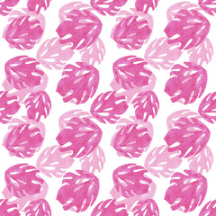 Watercolor seamless pattern with pink tropical leaves of monstera on white background. Tropical leaf silhouette best for wallpaper, wrapping, backdrop, textile, banner